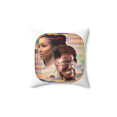 Square Pillow African Themed Mask and young lady Ethnic Design Spun Polyester